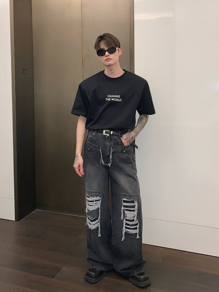 Loose Straight Hole Wide Leg Trousers Casual Floor Trousers