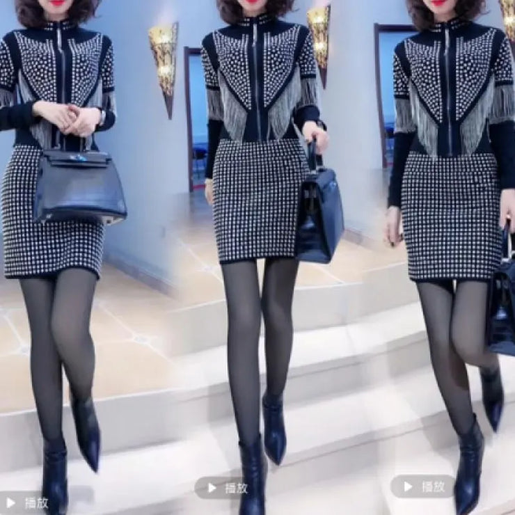 2024 Elegant Spring Autumn Punk Fashion Rivet Matching Sets Women's Tassel Zipper Stand Collar Long Sleeve Sexy Slim Dress Sets