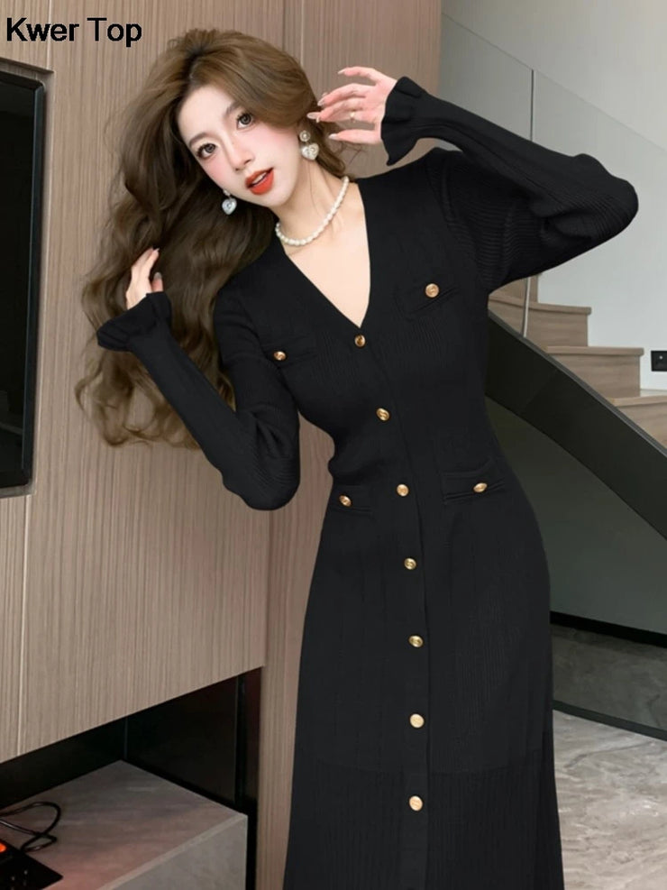 Fashion Green Single Breasted Women Knitted Dress