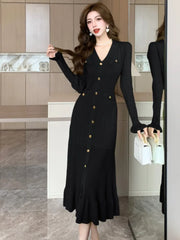 Fashion Green Single Breasted Women Knitted Dress