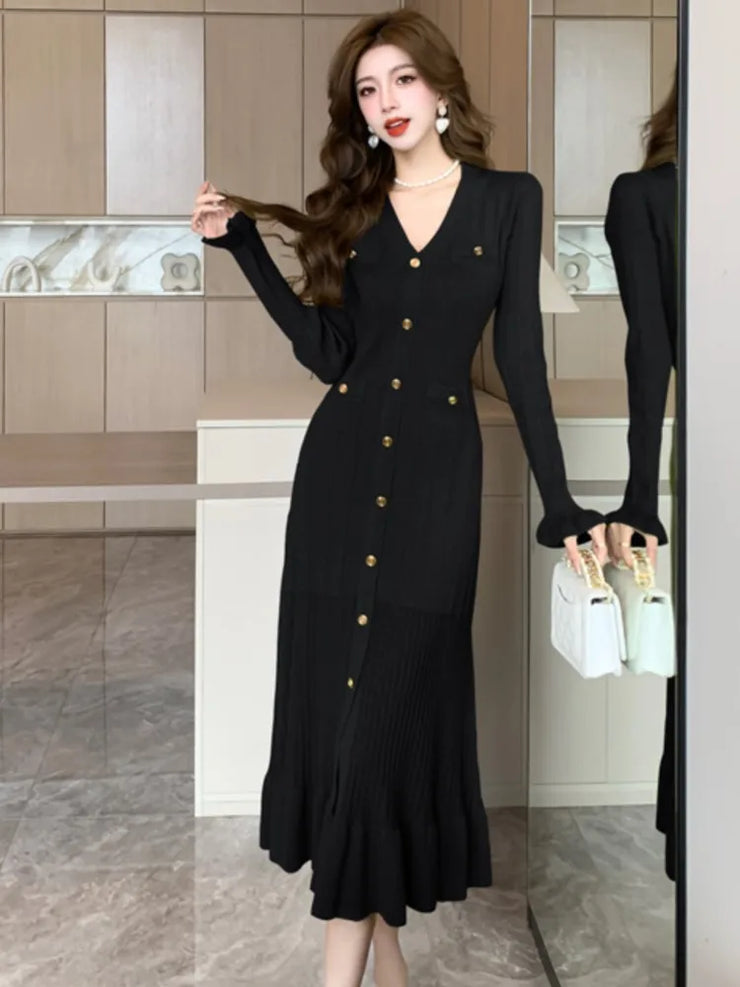 Fashion Green Single Breasted Women Knitted Dress