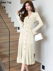Fashion Green Single Breasted Women Knitted Dress