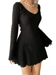 Women Sexy Black Solid Color A-Line Short Dress