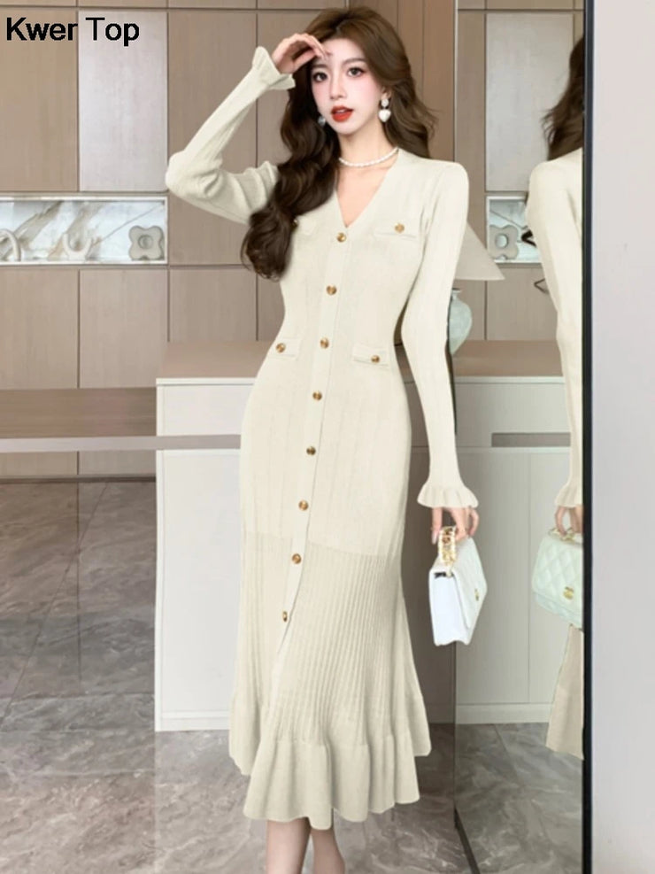 Fashion Green Single Breasted Women Knitted Dress