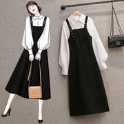 Women Sets Simple Solid Puff Sleeve Shirts Elegant Mid-calf Black Dress Spring Autumn Fashion 2 Pecs Ladies Hot Sale Ins Design
