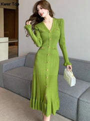 Fashion Green Single Breasted Women Knitted Dress
