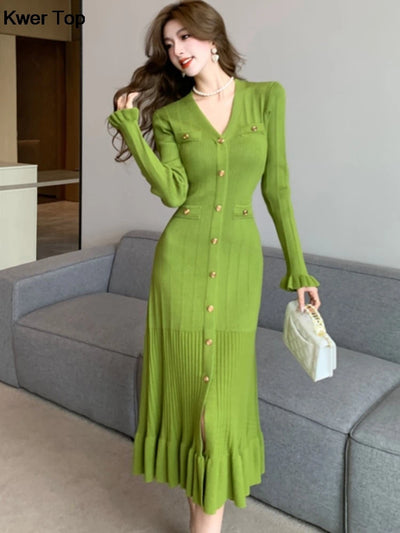 Fashion Green Single Breasted Women Knitted Dress