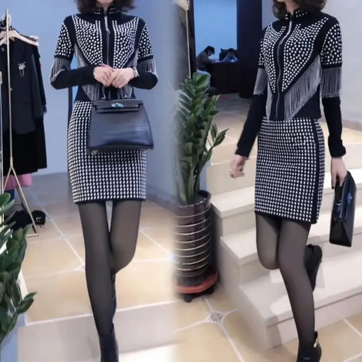 2024 Elegant Spring Autumn Punk Fashion Rivet Matching Sets Women's Tassel Zipper Stand Collar Long Sleeve Sexy Slim Dress Sets