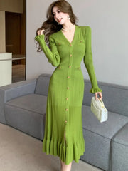 Fashion Green Single Breasted Women Knitted Dress