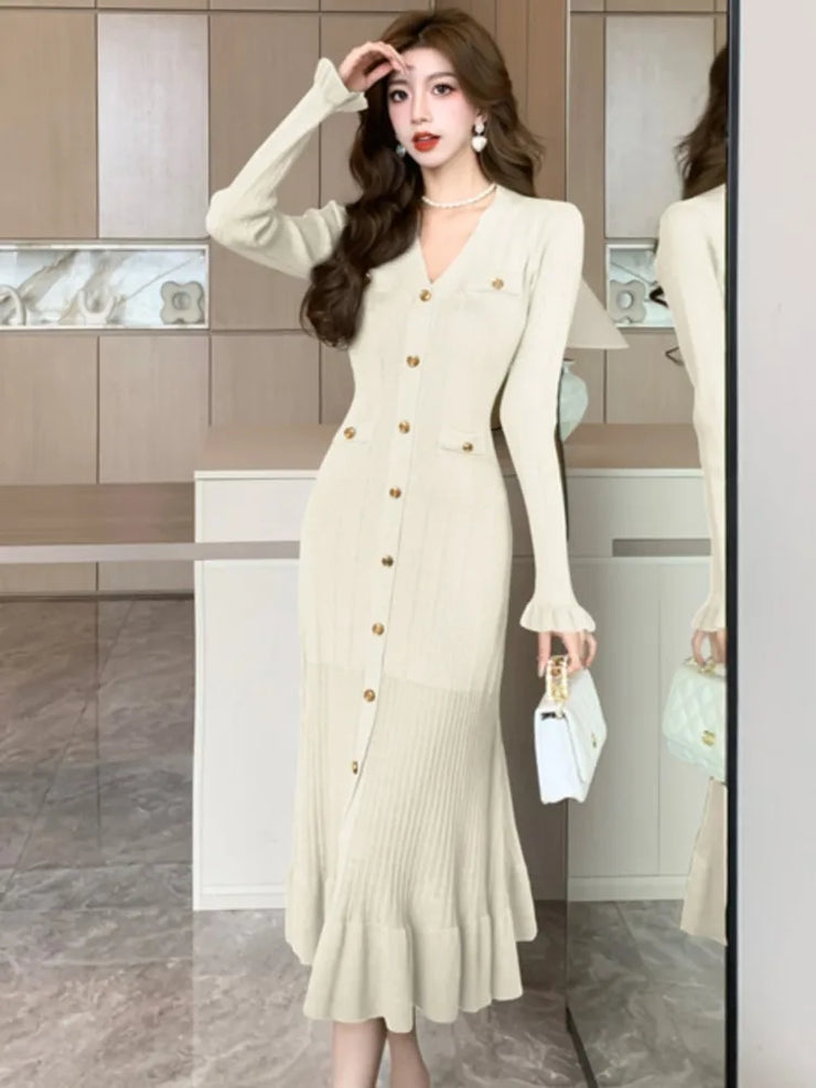 Fashion Green Single Breasted Women Knitted Dress