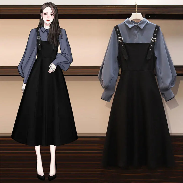 Women Sets Simple Solid Puff Sleeve Shirts Elegant Mid-calf Black Dress Spring Autumn Fashion 2 Pecs Ladies Hot Sale Ins Design