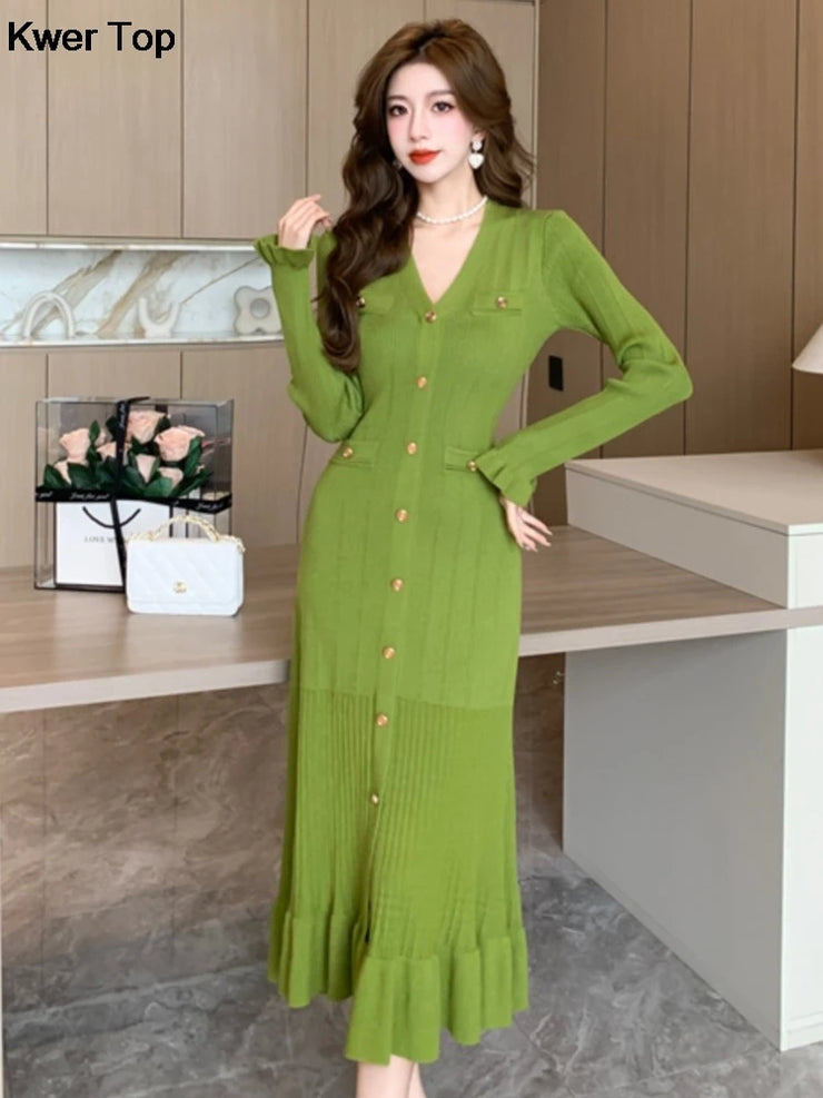 Fashion Green Single Breasted Women Knitted Dress