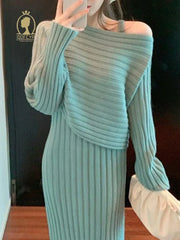 Women's Dress Sets Autumn Winter 2024 New Temperament Pullover Long Sleeve Knit Sundress Fashion Two-piece Dress Set for Women