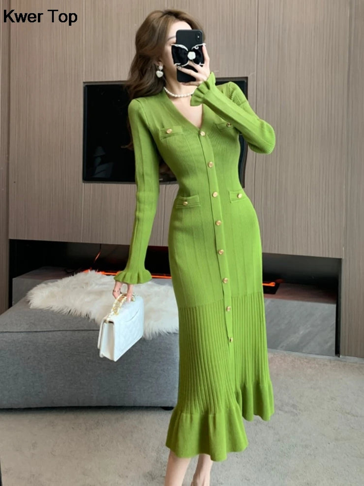 Fashion Green Single Breasted Women Knitted Dress