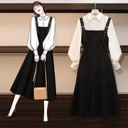 Women Sets Simple Solid Puff Sleeve Shirts Elegant Mid-calf Black Dress Spring Autumn Fashion 2 Pecs Ladies Hot Sale Ins Design