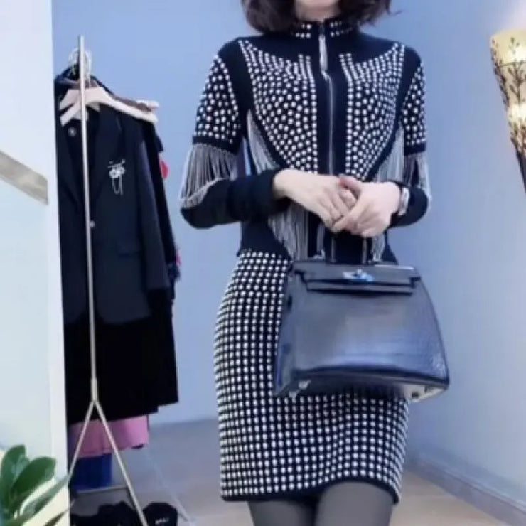 2024 Elegant Spring Autumn Punk Fashion Rivet Matching Sets Women's Tassel Zipper Stand Collar Long Sleeve Sexy Slim Dress Sets