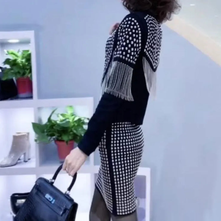 2024 Elegant Spring Autumn Punk Fashion Rivet Matching Sets Women's Tassel Zipper Stand Collar Long Sleeve Sexy Slim Dress Sets
