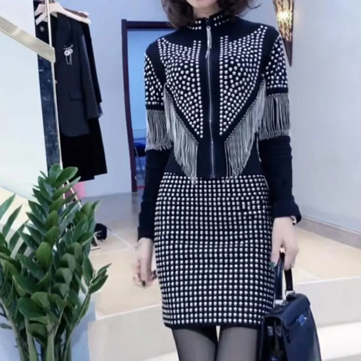 2024 Elegant Spring Autumn Punk Fashion Rivet Matching Sets Women's Tassel Zipper Stand Collar Long Sleeve Sexy Slim Dress Sets
