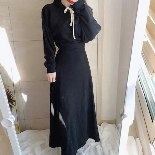Women Dress Sets Hoodies+High Waist Long Skirt 2Pcs Suit Solid Color Spring Autumn Fashion Streetwear Female Casual Outfits