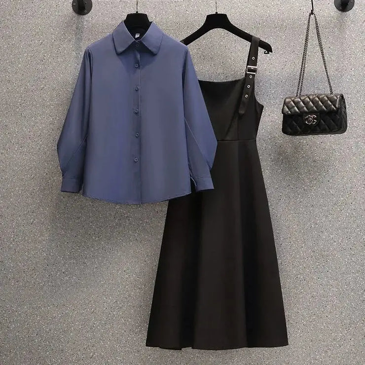 Women Sets Simple Solid Puff Sleeve Shirts Elegant Mid-calf Black Dress Spring Autumn Fashion 2 Pecs Ladies Hot Sale Ins Design
