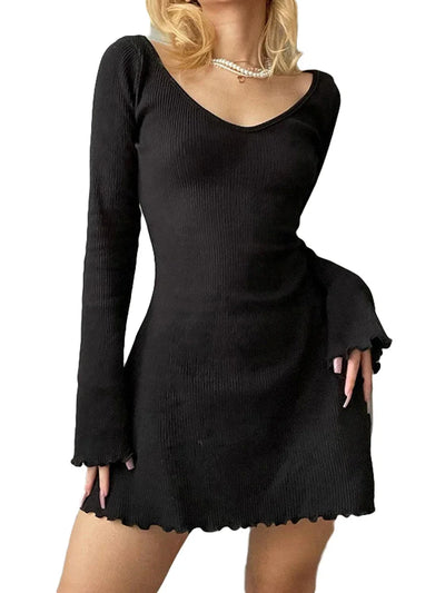 Women Sexy Black Solid Color A-Line Short Dress
