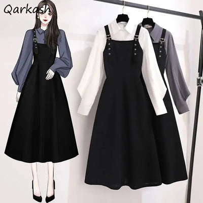 Women Sets Simple Solid Puff Sleeve Shirts Elegant Mid-calf Black Dress Spring Autumn Fashion 2 Pecs Ladies Hot Sale Ins Design
