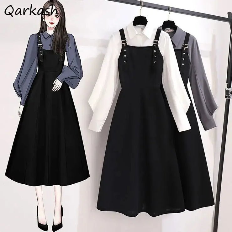 Women Sets Simple Solid Puff Sleeve Shirts Elegant Mid-calf Black Dress Spring Autumn Fashion 2 Pecs Ladies Hot Sale Ins Design